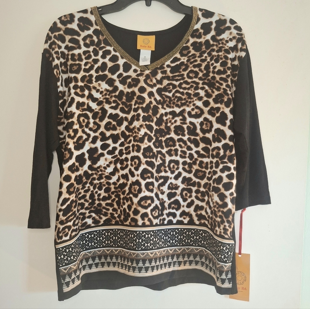 Ruby Rd Wild Side Leopard Print Beaded V Neck Tunic Top Size S NWT